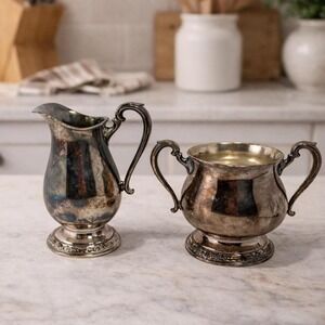 Vintage Camille Rose Creamer Sugar Bowl Set Silver Plate Floral